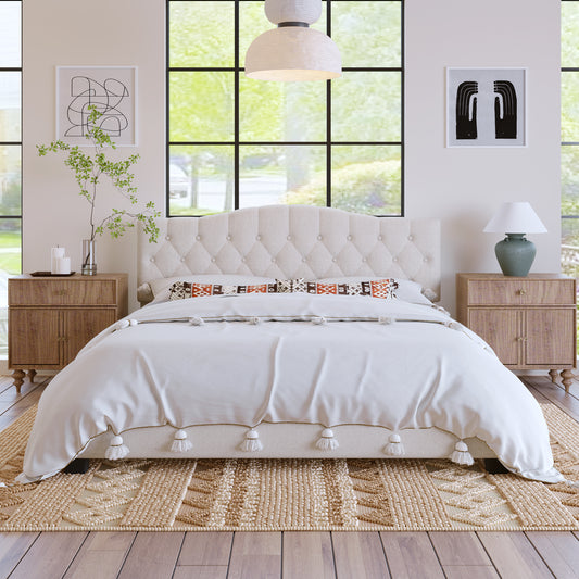 Upholstered Platform Bed With Saddle Curved Adjustable Headboard And Diamond Tufted Details,Wooden Slats And Metal Support, No Box Spring Needed,King, Beige
