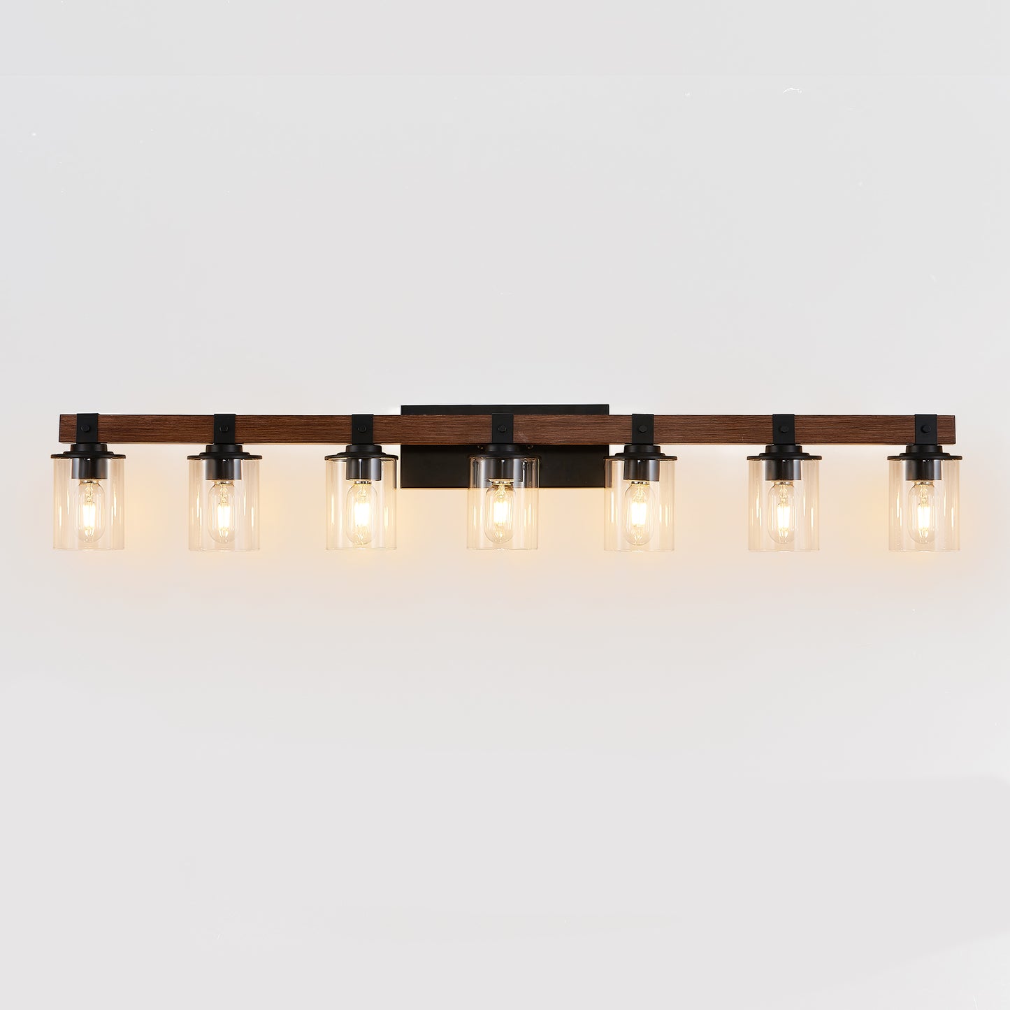 50in Rustic 7-Light Vanity Light, Industrial Bathroom Wall Sconce With Glass Shades And Wood Accent, Modern Farmhouse Lighting Fixture  No Bulbs