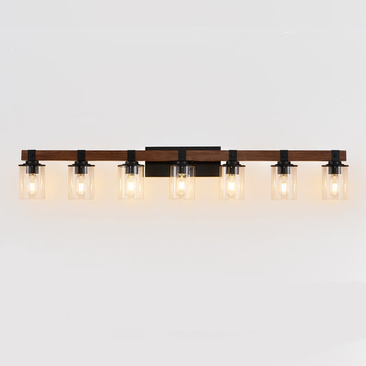 50in Rustic 7-Light Vanity Light, Industrial Bathroom Wall Sconce With Glass Shades And Wood Accent, Modern Farmhouse Lighting Fixture  No Bulbs
