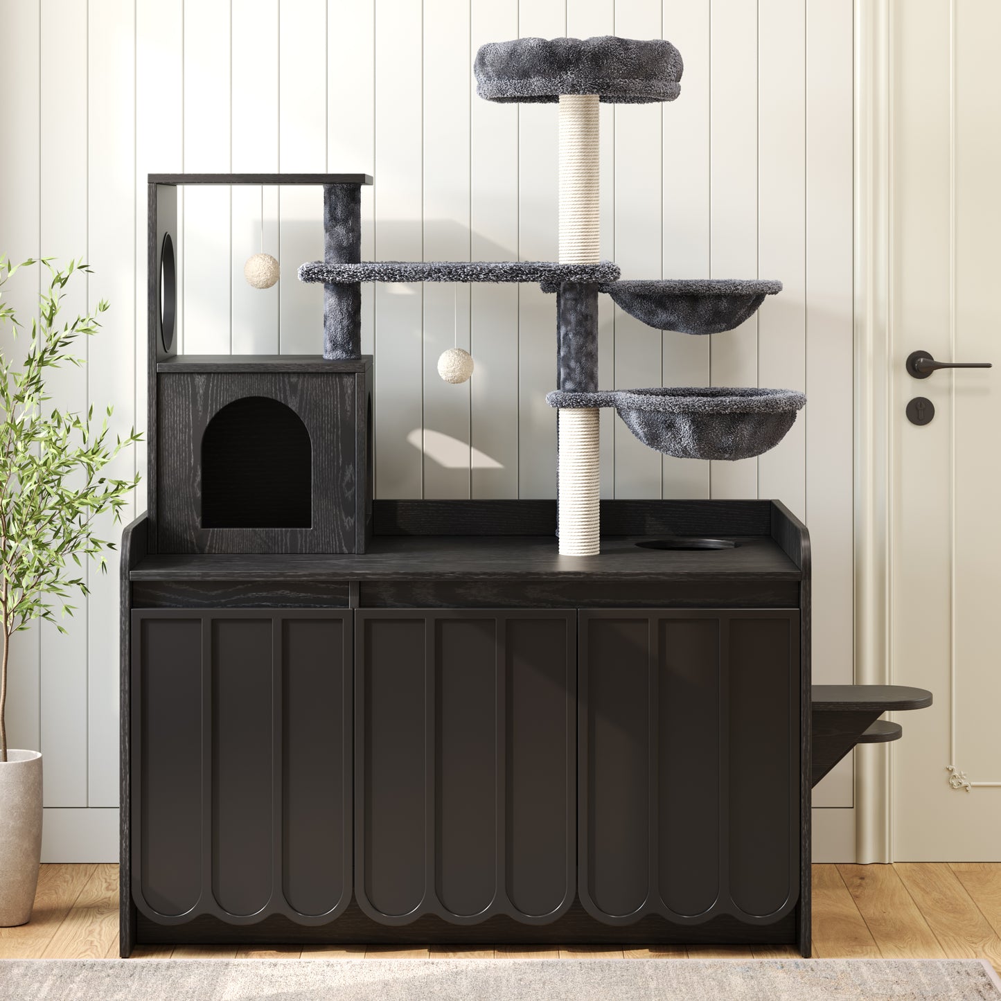 50.6 Cat Tree With Litter Box Enclosure, Cat Tower With Sisal Scratching Post And Storage Space, Hidden Litter Enclosure Furniture, All-in-One Modern Cat Condo With House, Hammock And Perch, Black
