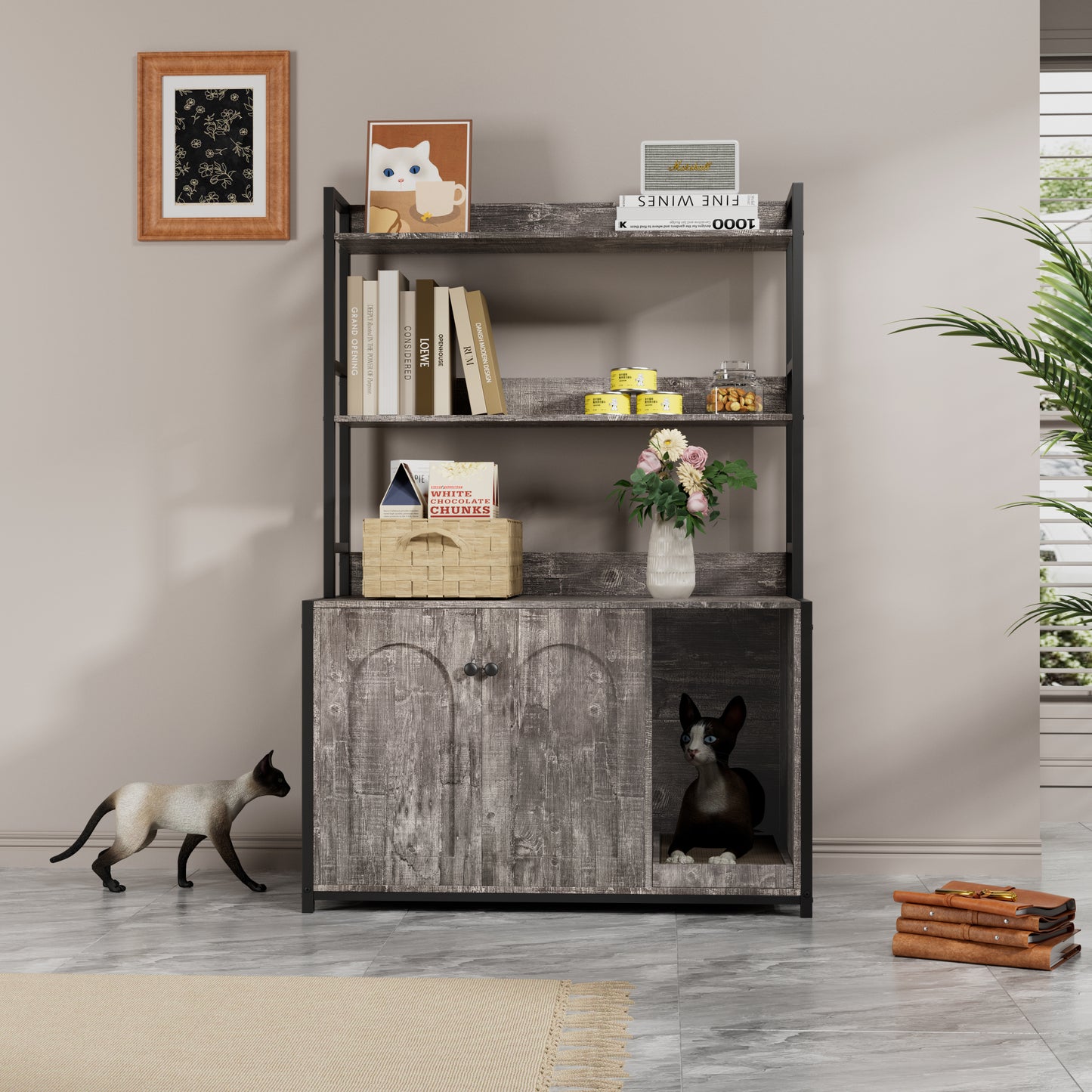 Large Cat Litter Box Enclosure With Shelf Storage, Hidden Cat Washroom Furniture, Wooden Cat House With Scratch Pad, Sturdy Indoor Cat Cabinet With 2 DoorsGrey