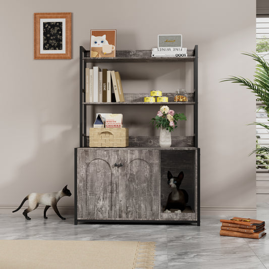 Large Cat Litter Box Enclosure With Shelf Storage, Hidden Cat Washroom Furniture, Wooden Cat House With Scratch Pad, Sturdy Indoor Cat Cabinet With 2 DoorsGrey