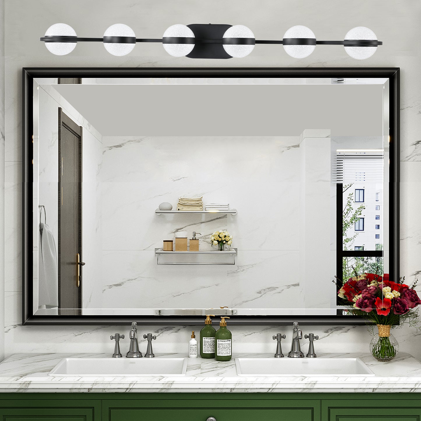 43in Black Minimalist LED Bathroom Vanity Light With Crystal Sand Acrylic Shades,6-Light Wall Mounted Decorative Lighting Fixture, Suitable For Bathroom Vanity Mirror