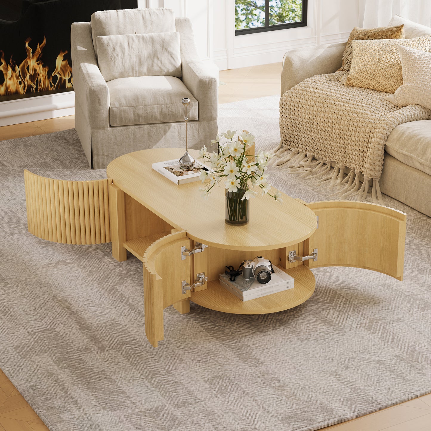 Oval Fluted Coffee Table With Storage For Living Room, Rubber Solid Wood, 1 Shelf & 2 Open Storage Doors, Natural, 47