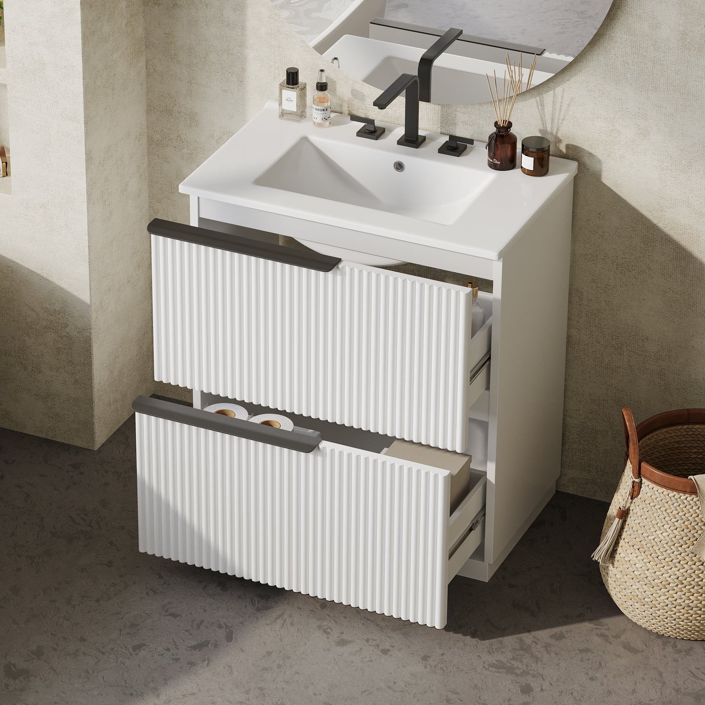 30  Bathroom Vanity With Ceramic Sink And Full-Extension Drawers, Freestanding Bathroom Vanity With Soft Close Drawer Slides, Fluted Design, White