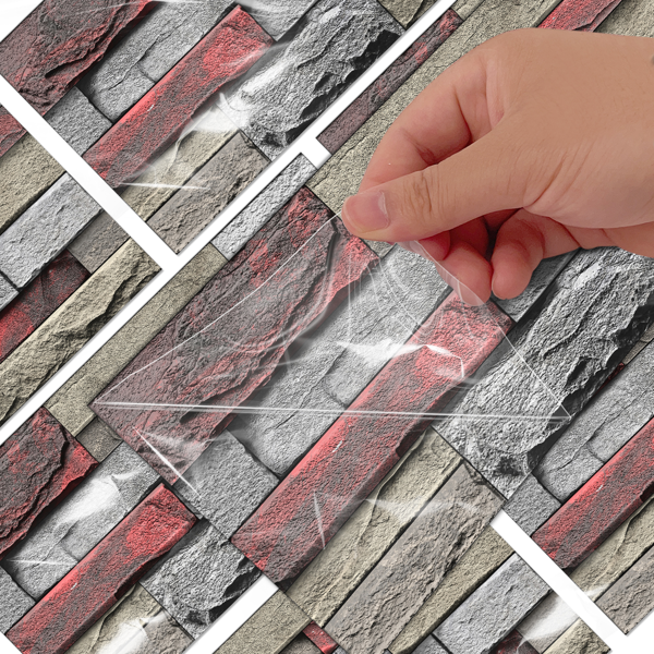 Red Stone Brick Marble Wall Sticker, PVC Easy To Clean And Waterproof, For Kitchen And Bathroom Splashback Wall Decoration