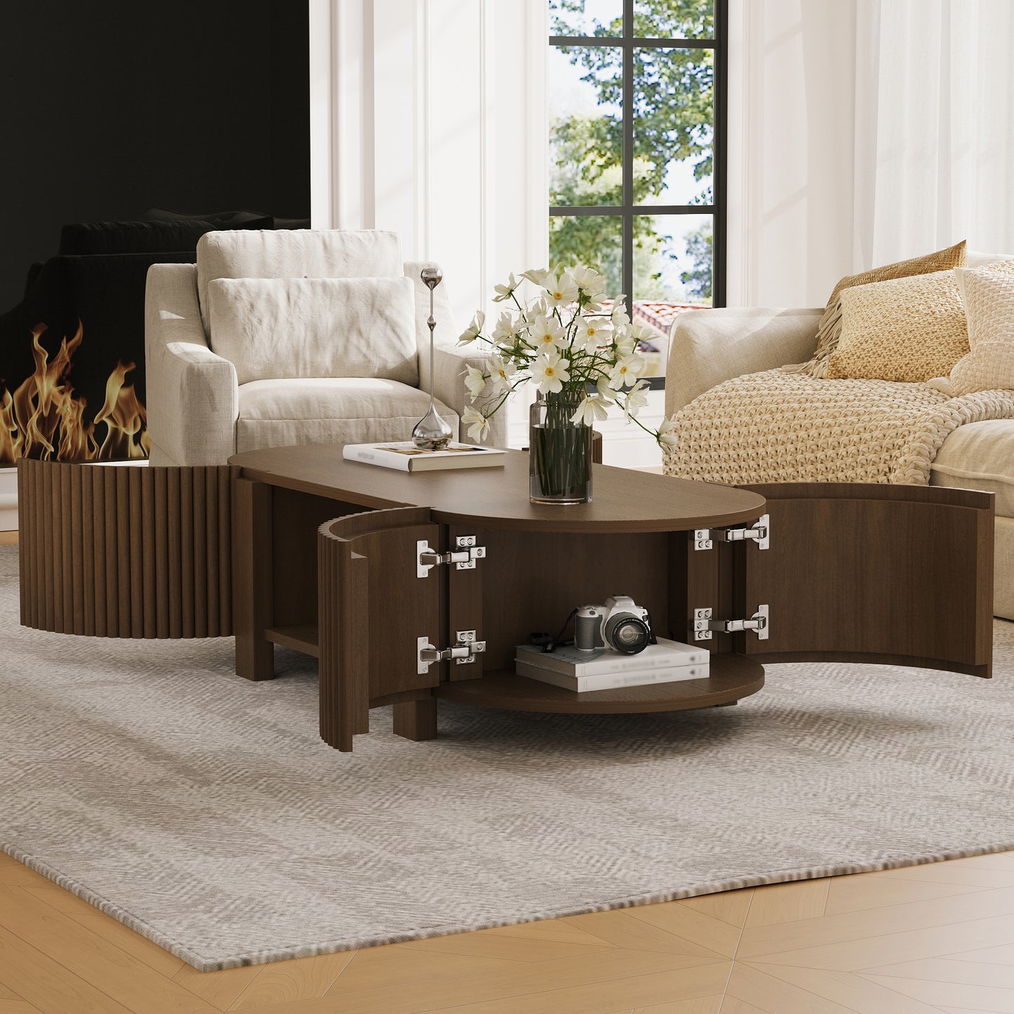 Oval Fluted Coffee Table With Storage For Living Room, Rubber Solid Wood, 1 Shelf & 2 Open Storage Doors, Walnut, 47