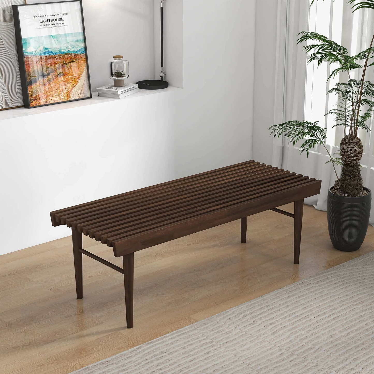 Mia Mid Century Modern Solid Wood Bench With Natural Walnut Stain Finish 15.5     H X 47.2     W X 18.1     D  For Living Room, Hallway, Bedroom, Bathroom