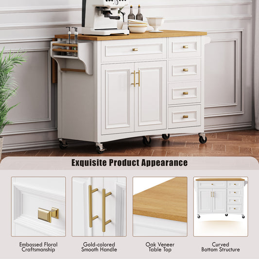 K&K 52   Kitchen Island With Drop Leaf, Embossed Texture Kitchen Island On Wheels With Spice Rack, Towel Rack, 2 Doors And 5 Drawers, Kitchen Storage Cart With Adjustable Shelf For Kitchen, White