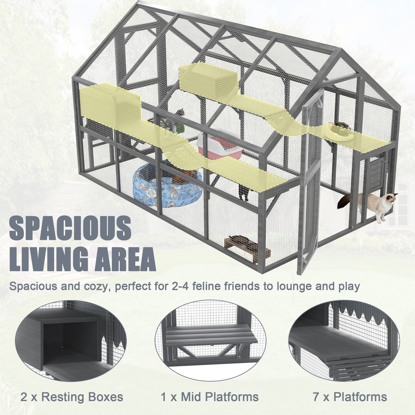 Cat, Large  Outdoor Cat Enclosure For Multiple Cats With 7Platforms, 2 Resting Box And 2 Bridges, Wooden Feral Cats Shelter With Waterproof And UV Proof Canopy, 110.24x 74.02 X 74.02 Inch