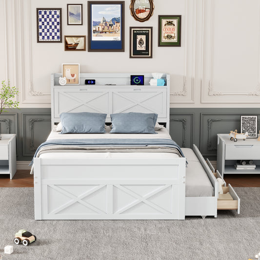 Full Size Wooden Bed With Storage Headboard With Outlets, Extendable Bed With Twin Size Trundle With Three Storage Drawers,White