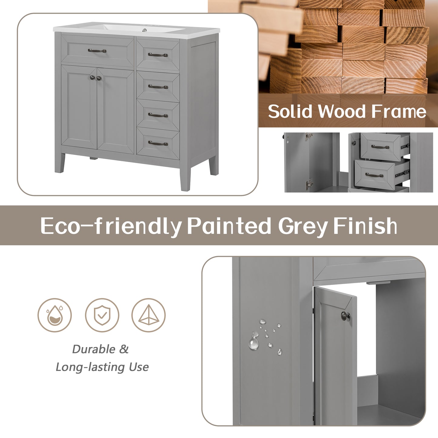 36  Bathroom Vanity Without Sink, Cabinet Base Only, Bathroom Cabinet With Drawers, Solid Frame And MDF Board, Grey
