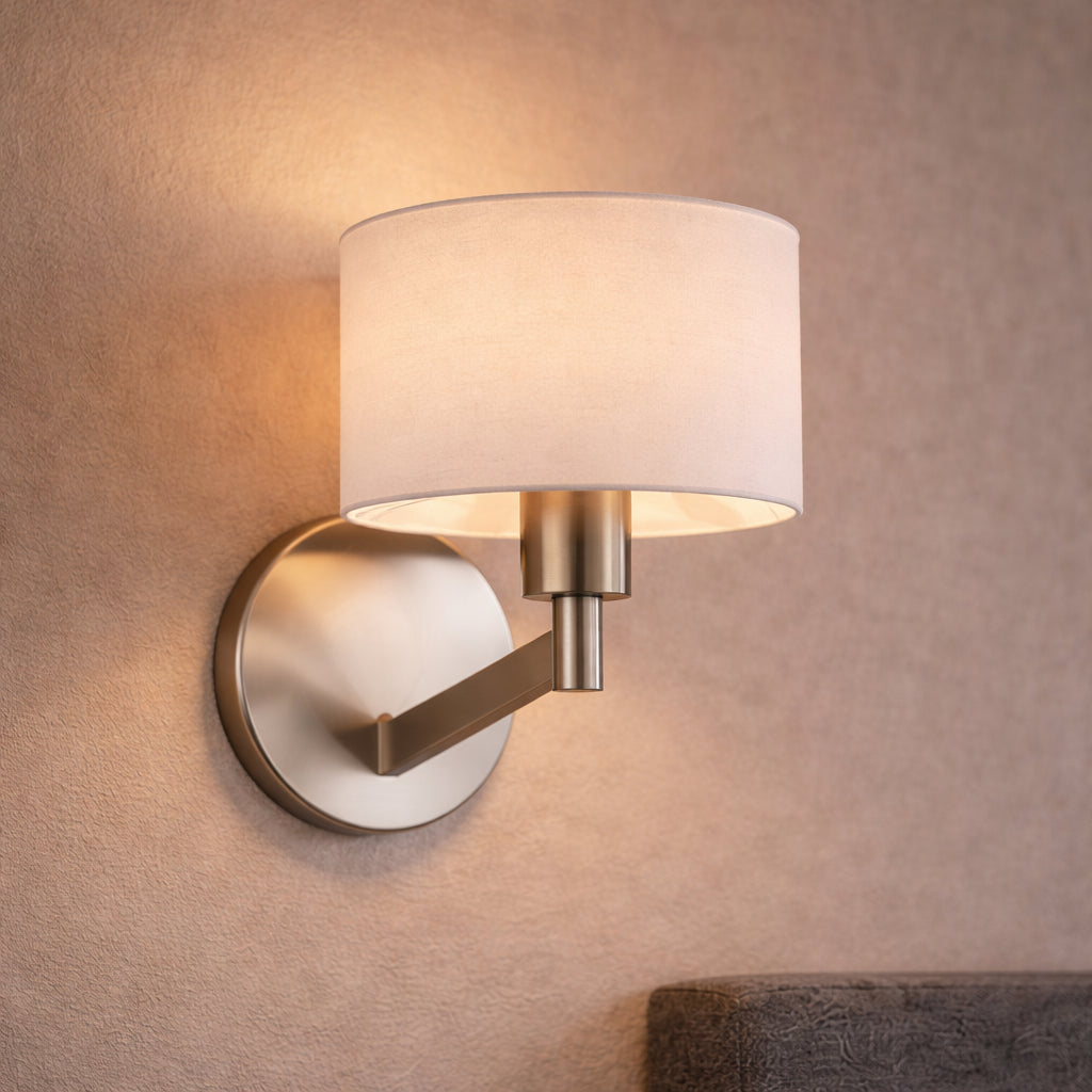 Nebula Brushed Nickel Base Wall Lamp With Rotary  White Fabric Shade