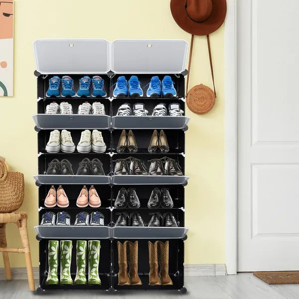 7-Tier Portable 28 Pair Shoe Rack Organizer 14 Grids Tower Shelf Storage Cabinet Stand Expandable For Heels, Boots, Slippers, Black RT