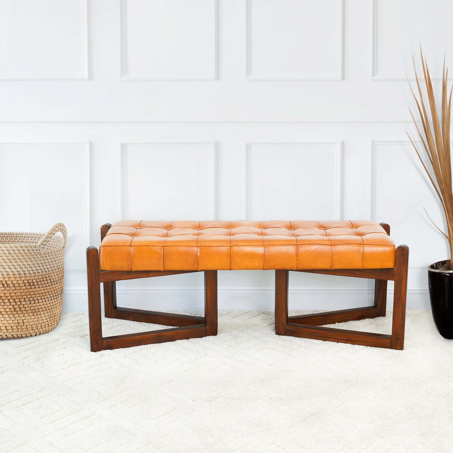 Mid-Century Riley Tan Bedroom Leather Bench With Solid Wood Frame And Tapered Legs 18.9  H X 52.4  W X 17.3  D For Entryway Dining Room Living Room Bedroom End Of Bed