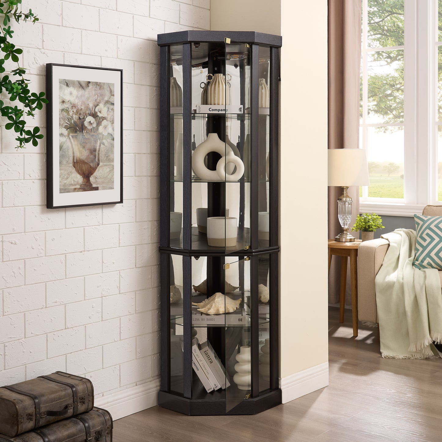 Lighted Corner Curio Cabinet - Elegant Glass Display Case For Living Room & Bar Storage - Perfect For Antique Collections & Wine - Includes Built-in Lighting - BLACK