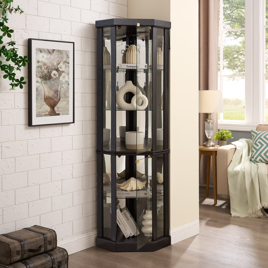 Lighted Corner Curio Cabinet - Elegant Glass Display Case For Living Room & Bar Storage - Perfect For Antique Collections & Wine - Includes Built-in Lighting - BLACK