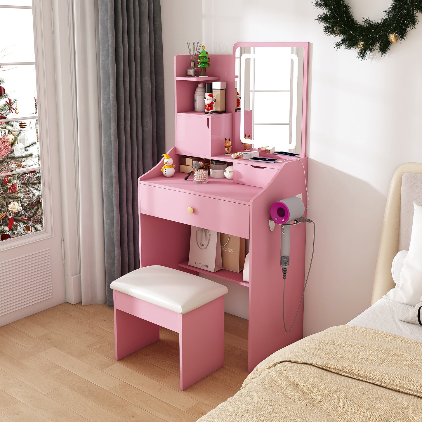 3-Color LED Vanity Mirror With Stool  Pink Dressing Table For Bedroom  2 Drawers & 5 Storage Cabinets  4 Open  1 Hidden   Adjustable Lighting  Pink