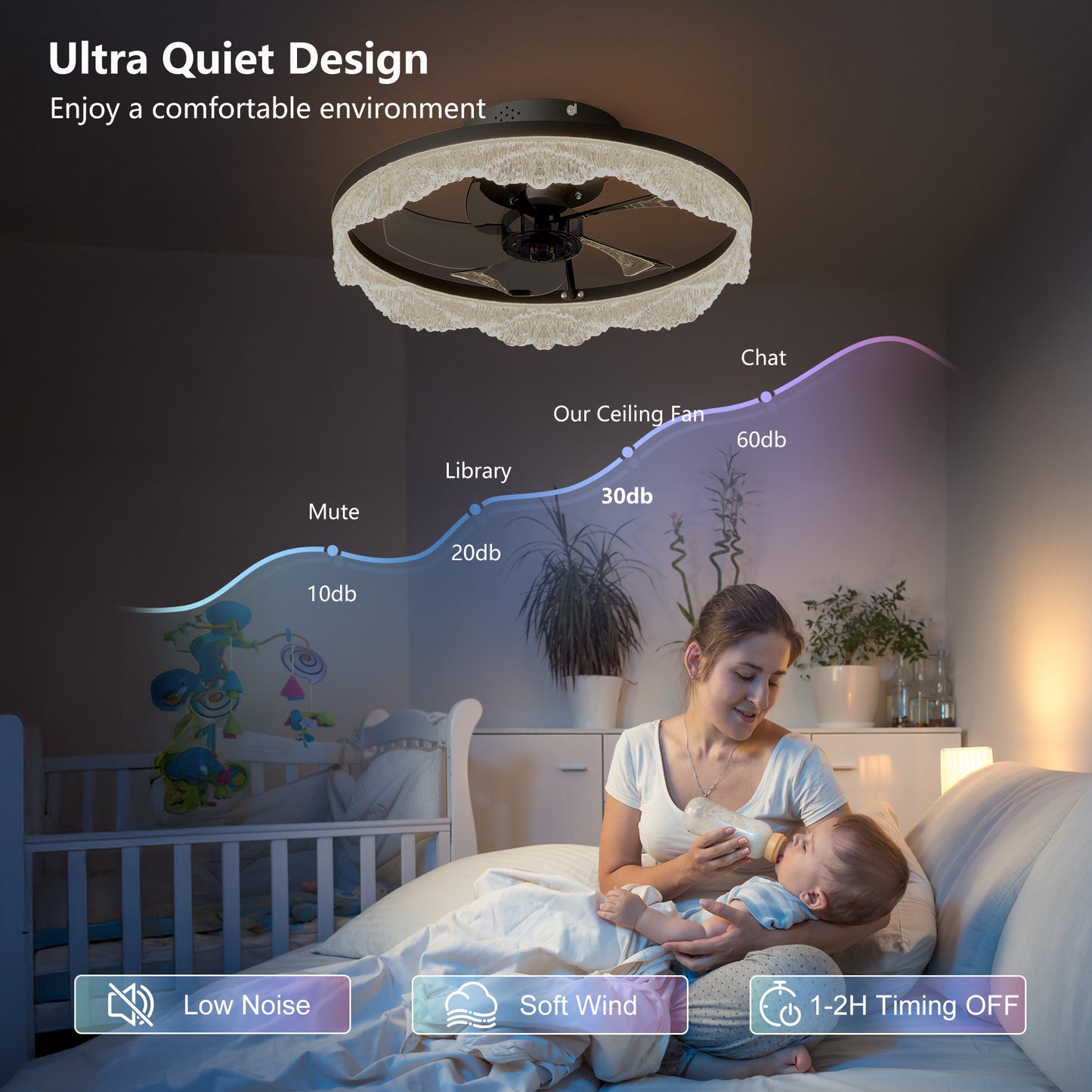 16 Decorative LED Ceiling Fan Light  Modern Flush Mount With Crystal-Inspired Acrylic Ring, Hidden Blades, Remote Control, And Dimmable Light For Stylish Homes  Black