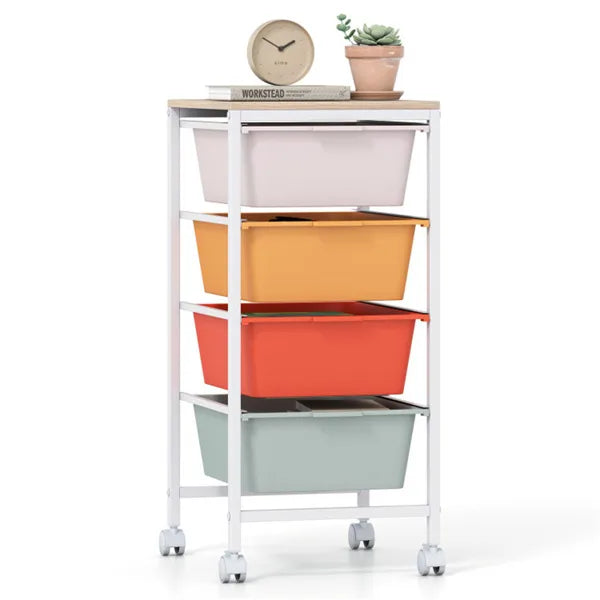 4-Drawer Rolling Storage Cart, Mobile Utility Organizer With MDF Wooden Top (Macaron)