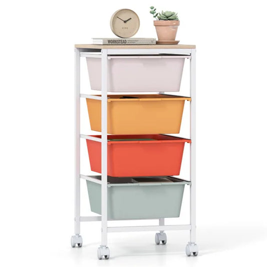 4-Drawer Rolling Storage Cart, Mobile Utility Organizer With MDF Wooden Top (Macaron)