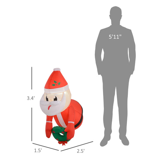 3.4' Inflatable Santa Claus Holding Wreath W/ LED Lights, Blow-Up Outdoor Hanging Display For Garden Party