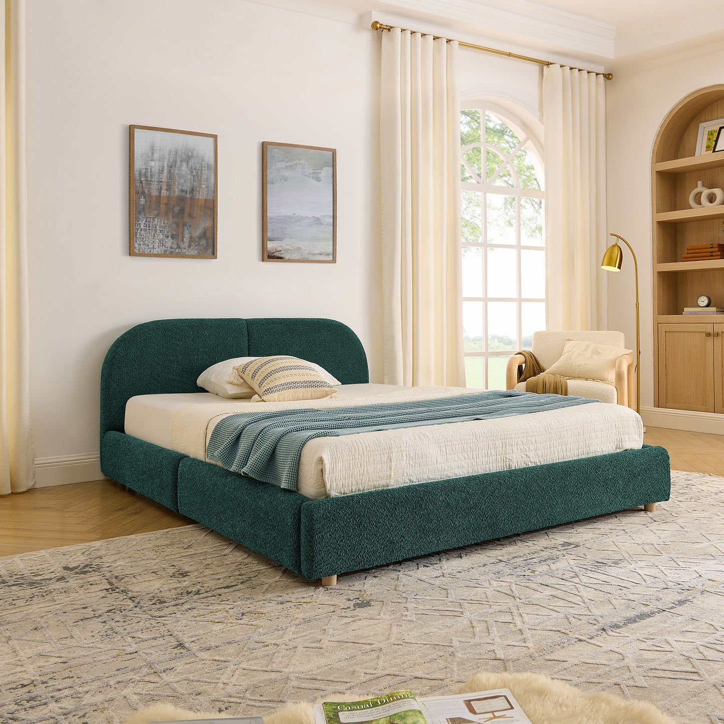 Queen Size Upholstered Bed Frame Modern Minimalist Style - Circle Yarn Fabric, Tall Curved Headboard, Sturdy Leg Support & Wheeled Drawer Storage, Mattress Not Included -Green