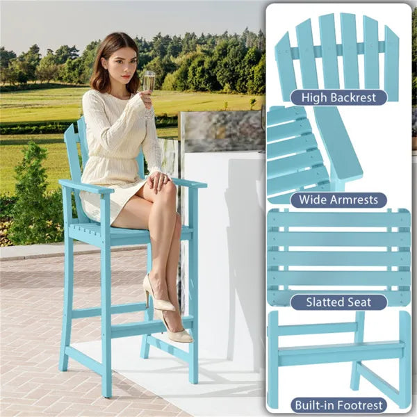 31" Seat Height Outdoor Bar Stool, Slatted Design Ergonomic Tall Chair For 40"-43" Bar Table-Turquoise