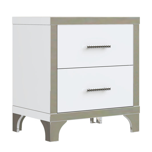Elegant High Gloss Nightstand With Metal Handle,Mirrored Bedside Table With 2 Drawers For Bedroom,Living Room,White