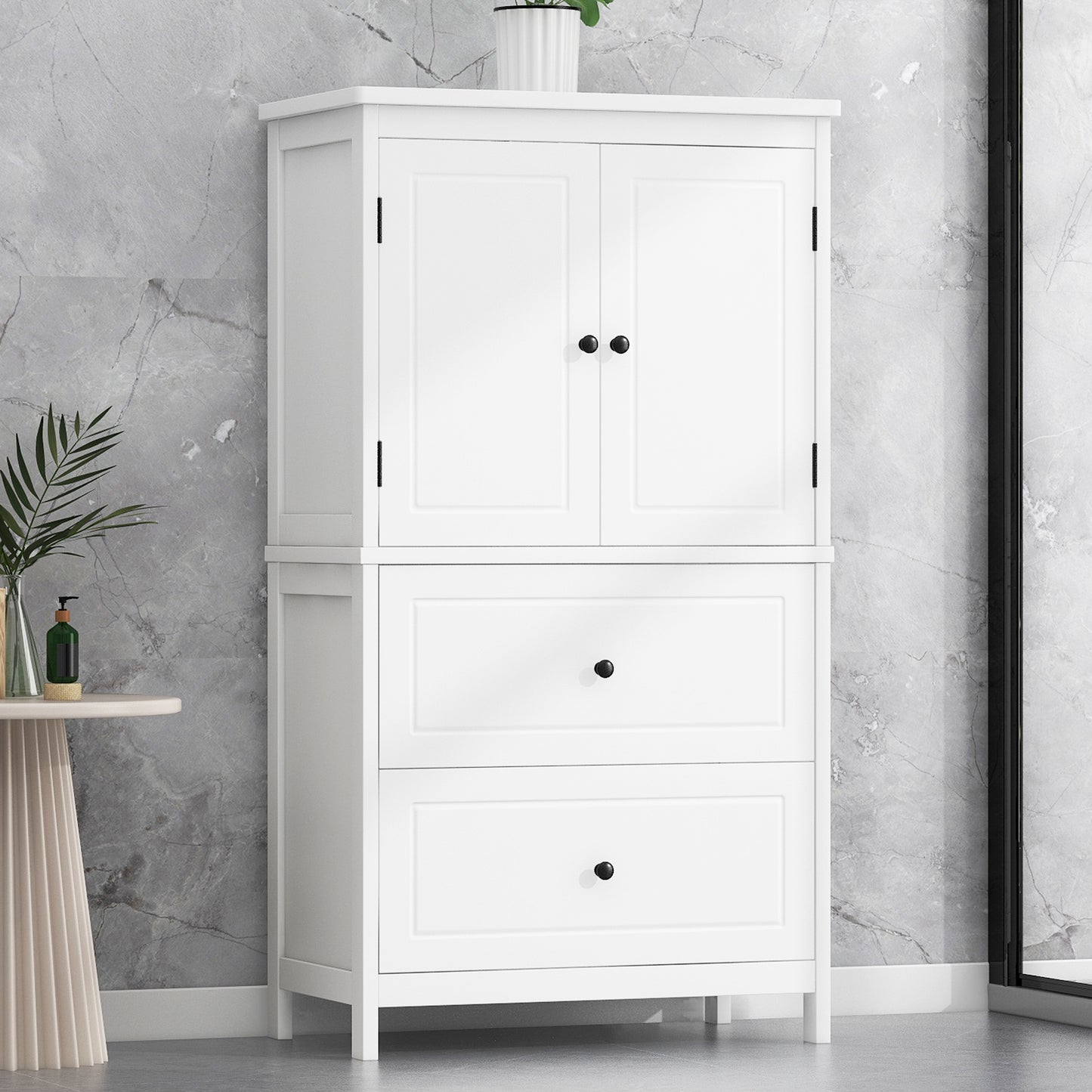 Bathroom Storage Cabinet, Cabinet With Two Doors And Drawers, Adjustable Shelf, MDF Board, White