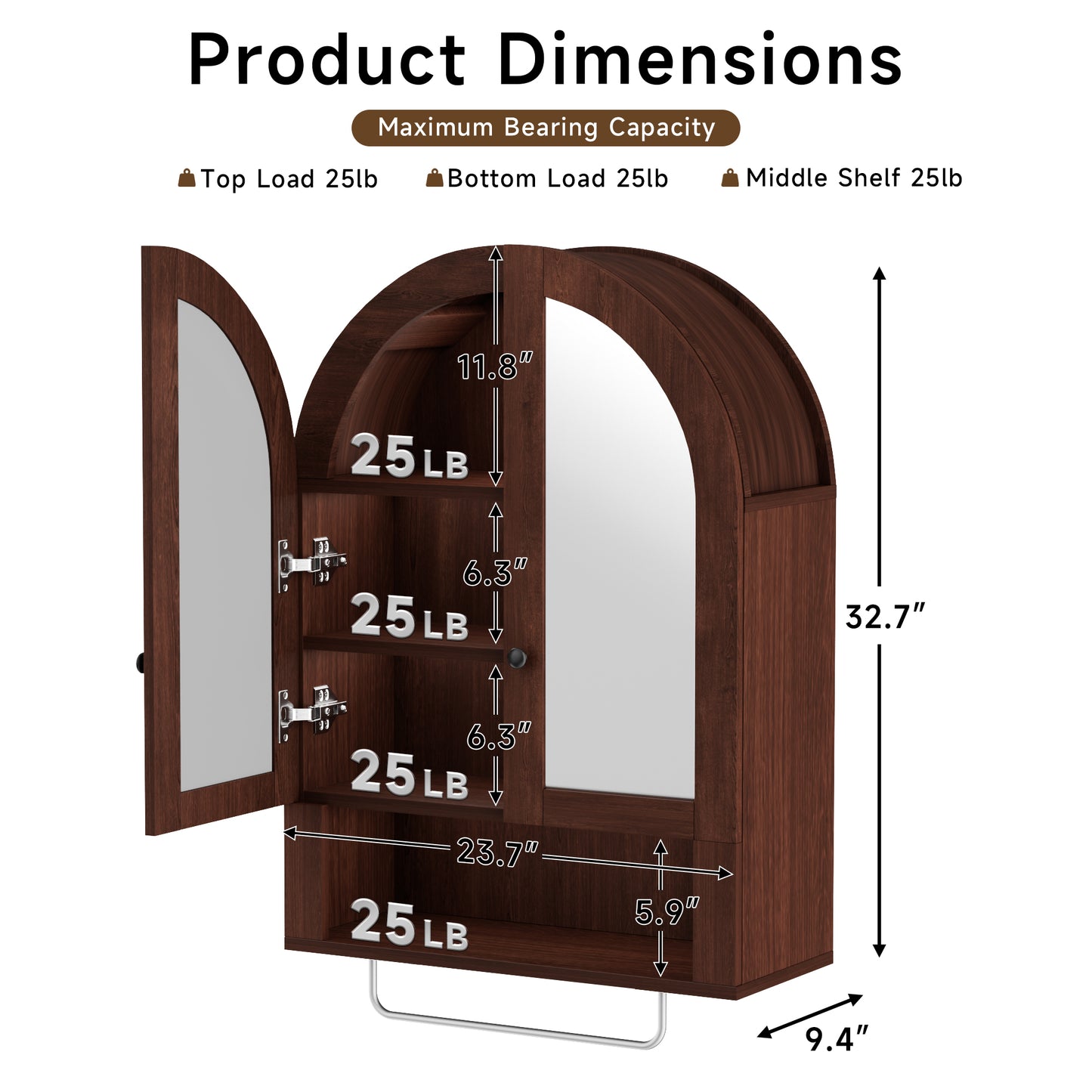 Wall Mounted Arched Cabinet With Mirrored Doors And Adjustable Shelves For Laundry Room, Bathroom, Kitchen