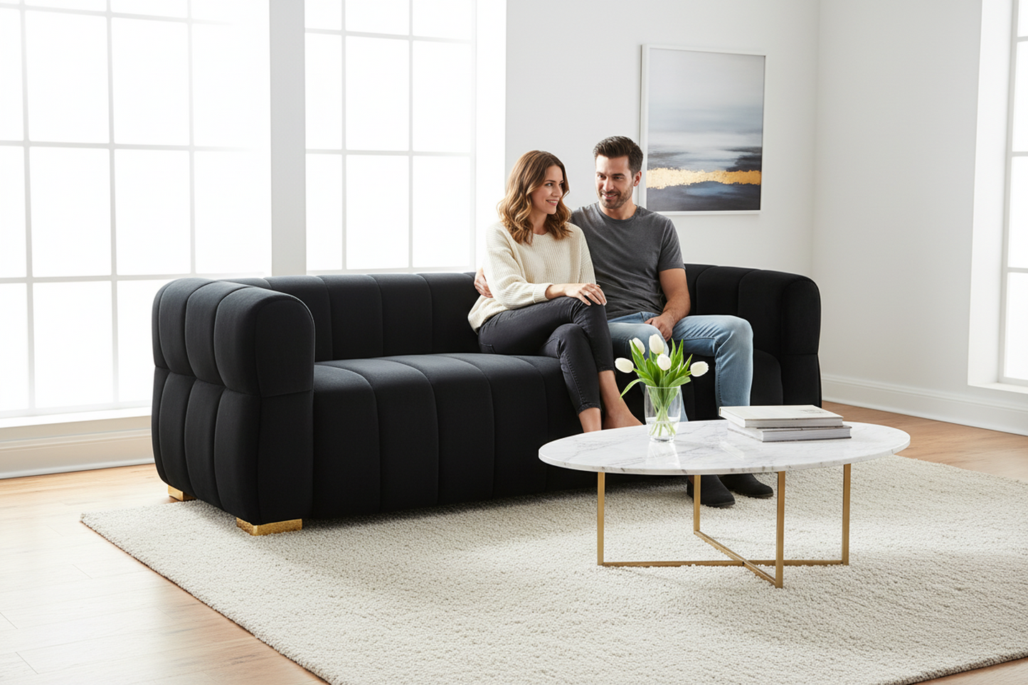 Velvet Sofa With Tufted Low Back Design, Sophisticated 3 Seater Couch For Living Rooms, 89 Inch Wide, Easy Assembly