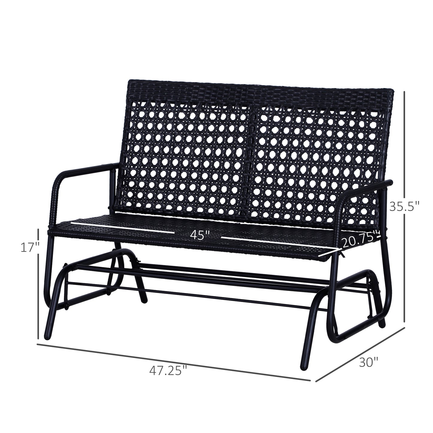 Patio 2-Person Wicker Glider Bench Rocking Chair, Outdoor All-Hand Woven PE Rattan Loveseat W/ Ergonomic Design Rocking System For Patio, Garden, Porch, Lawn, Black