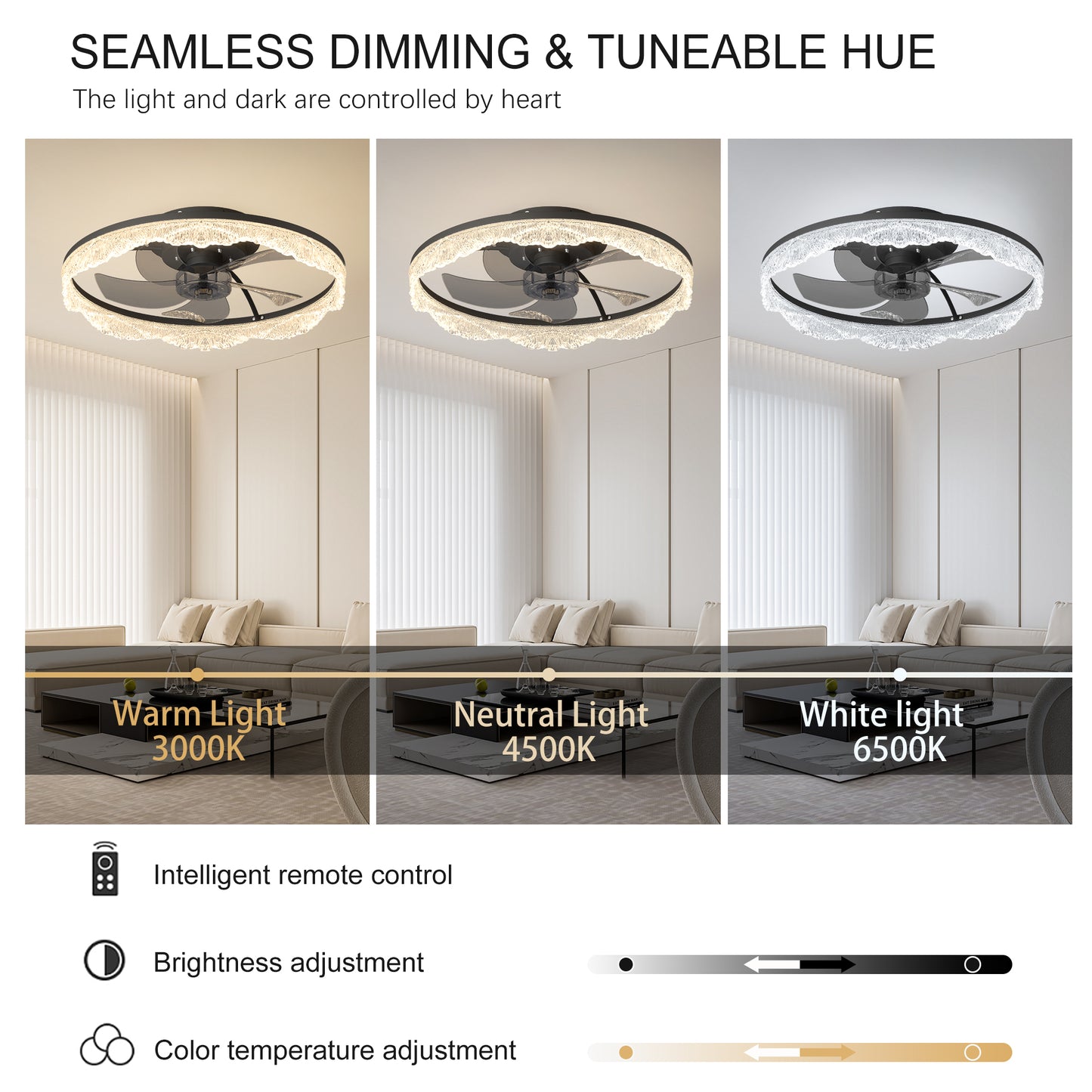 20 Decorative LED Ceiling Fan Light  Modern Flush Mount With Acrylic Ring, Hidden Blades, Remote Control, And Dimmable Light For Stylish Homes Black