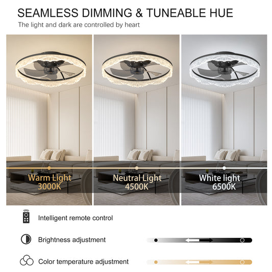 20 Decorative LED Ceiling Fan Light  Modern Flush Mount With Acrylic Ring, Hidden Blades, Remote Control, And Dimmable Light For Stylish Homes Black
