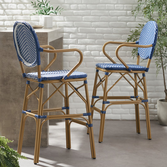 Outdoor Wicker And Aluminum 29.5 French Barstools, Set Of 2, Navy Blue, Bamboo Print Finish