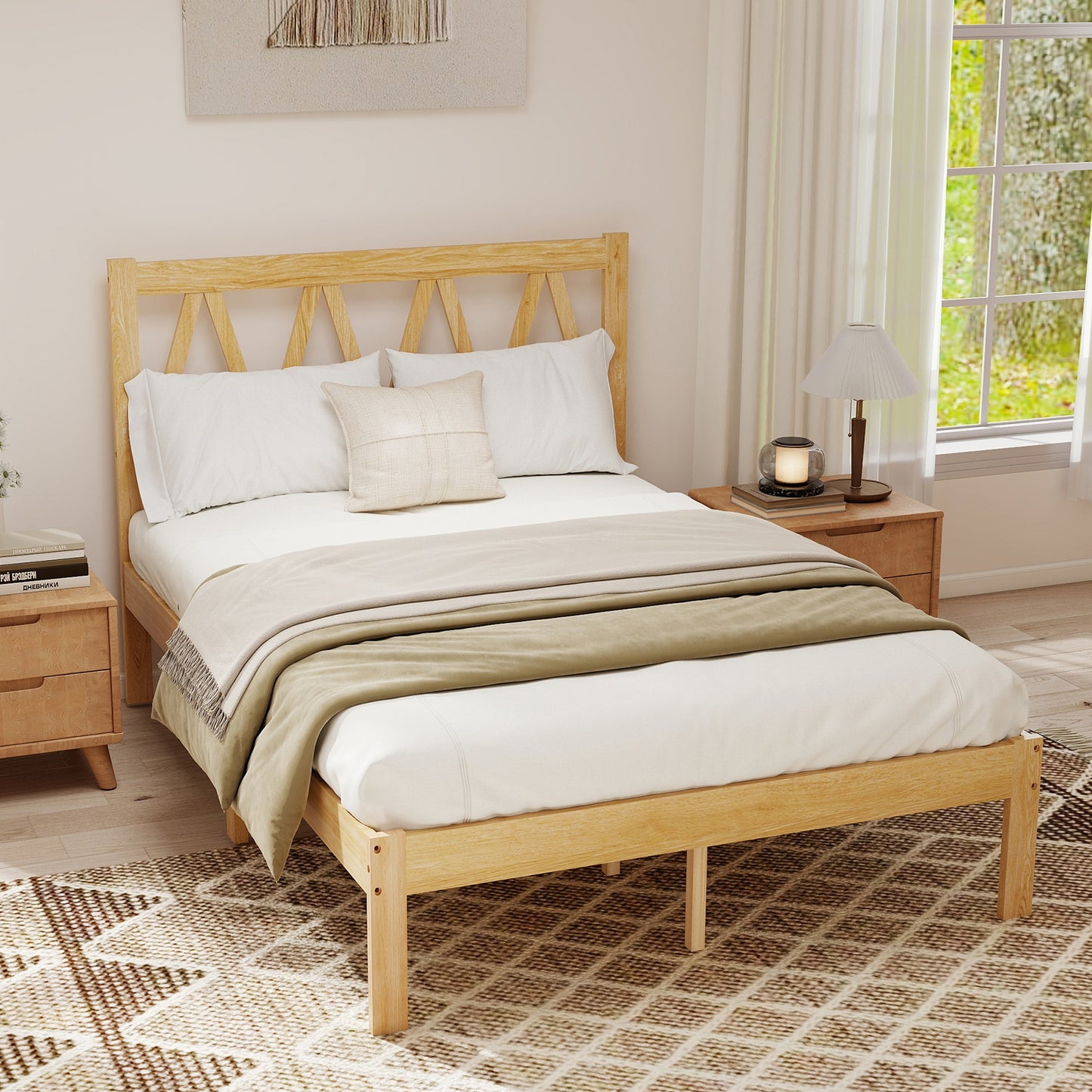 Wood Platform Bed Frame With Headboard Solid Wood Foundation With Heavy Duty Slat Support No Box Spring Needed Easy Assembly Rubber Wood Queen Size
