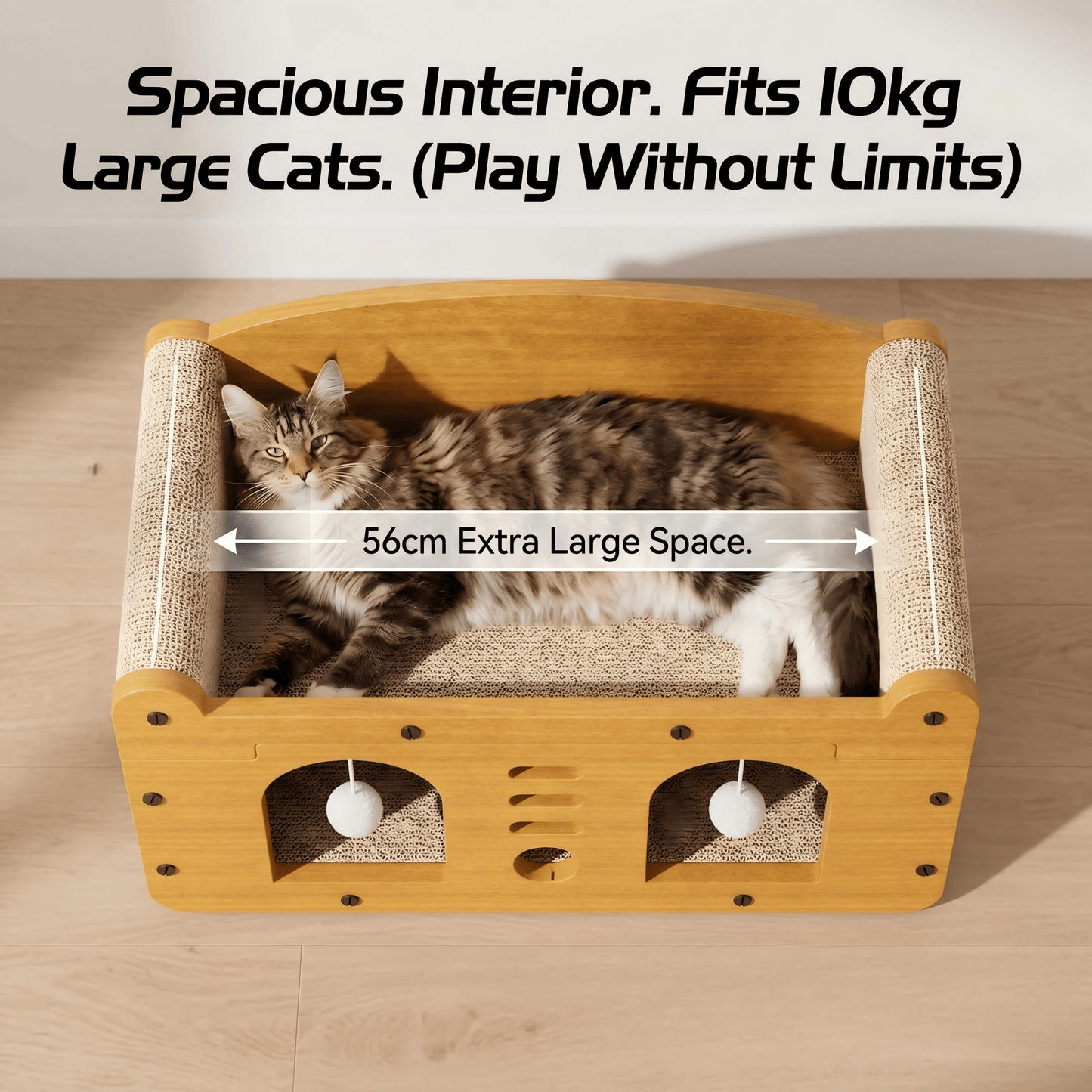 Multi-Style Double-Layer Cat Scratcher House, 2-Tier Large Cat Villa Bed With Corrugated Cardboard, Interactive Hanging Balls & Ergonomic Neck Support, Furniture-Saving Hideaway Cave For Indoor Cats