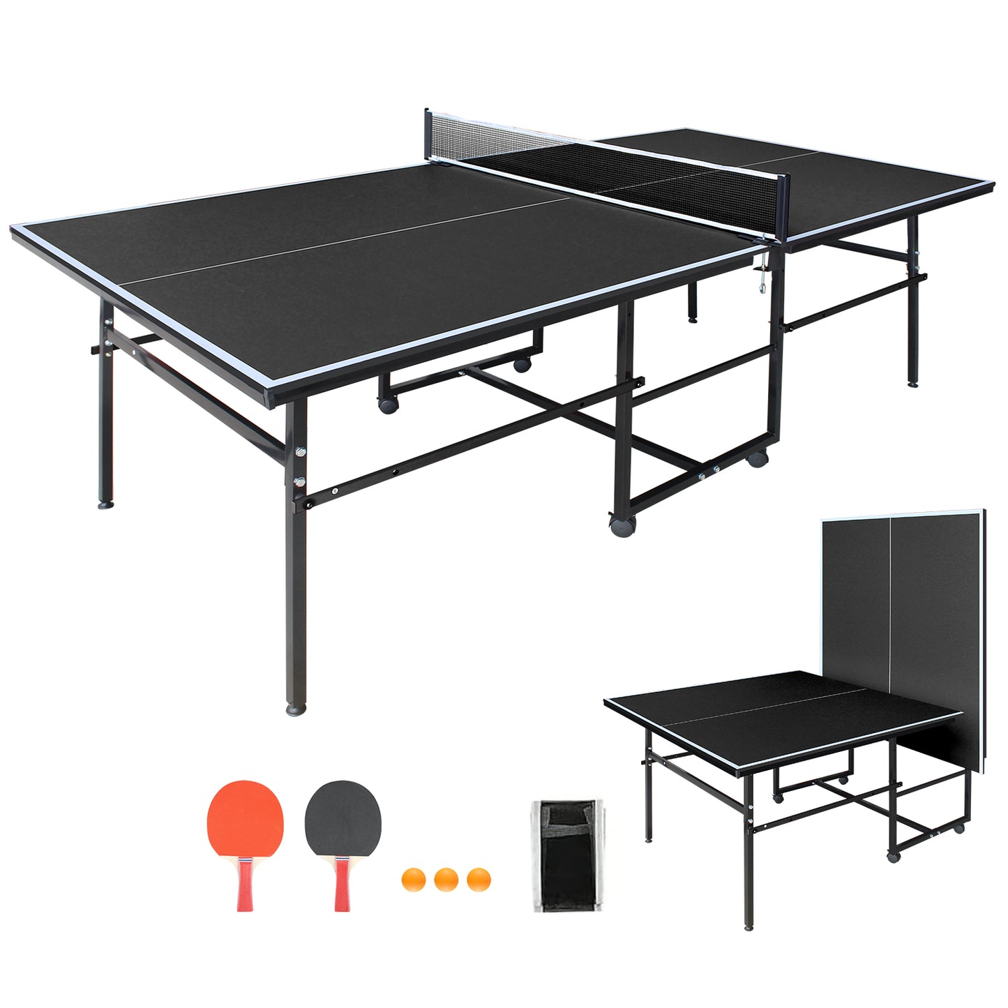 8.5x4. 3ft Black Mid-Size Table Tennis Table Foldable & Portable Ping Pong Table Set For Indoor Games With Net, 2 Table Tennis Paddles And 3 Balls