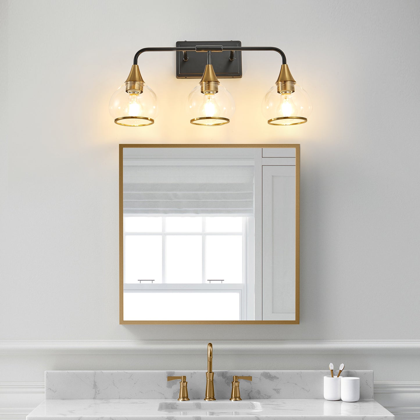 23 Modern 3-Light Vanity Wall Sconce - Black And Gold Bathroom Light Fixture With Clear Glass Shades, Industrial Wall Mounted Lamp For Mirror, Vanity, And Living Spaces Bulb Not Included