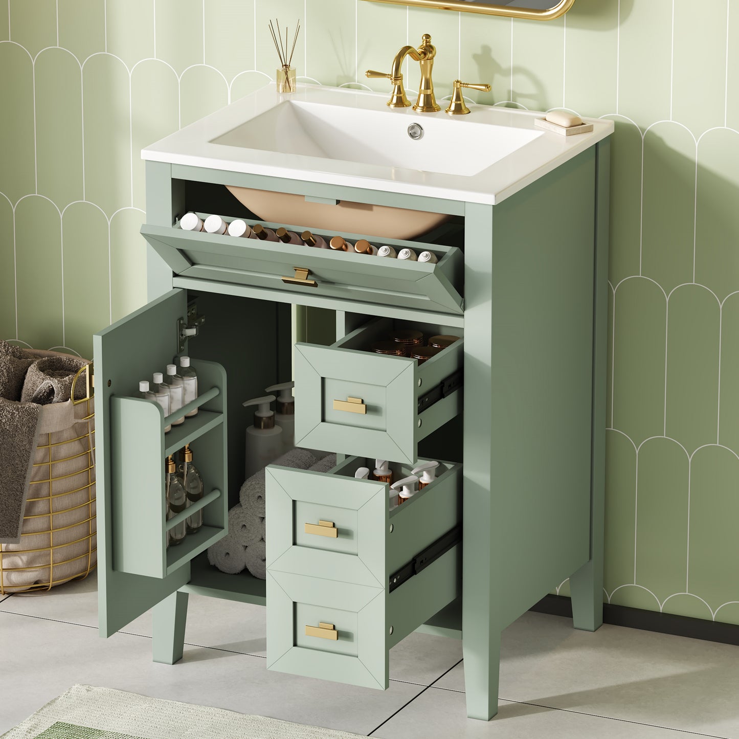 24'' Green Bathroom Vanity With Sink, MDF & Rubberwood Construction, 3 Drawers & Cabinet With 2-Tier Door Storage Rack, Soft-Close Door & Drawers, Modern Design For Small To Medium Bathrooms
