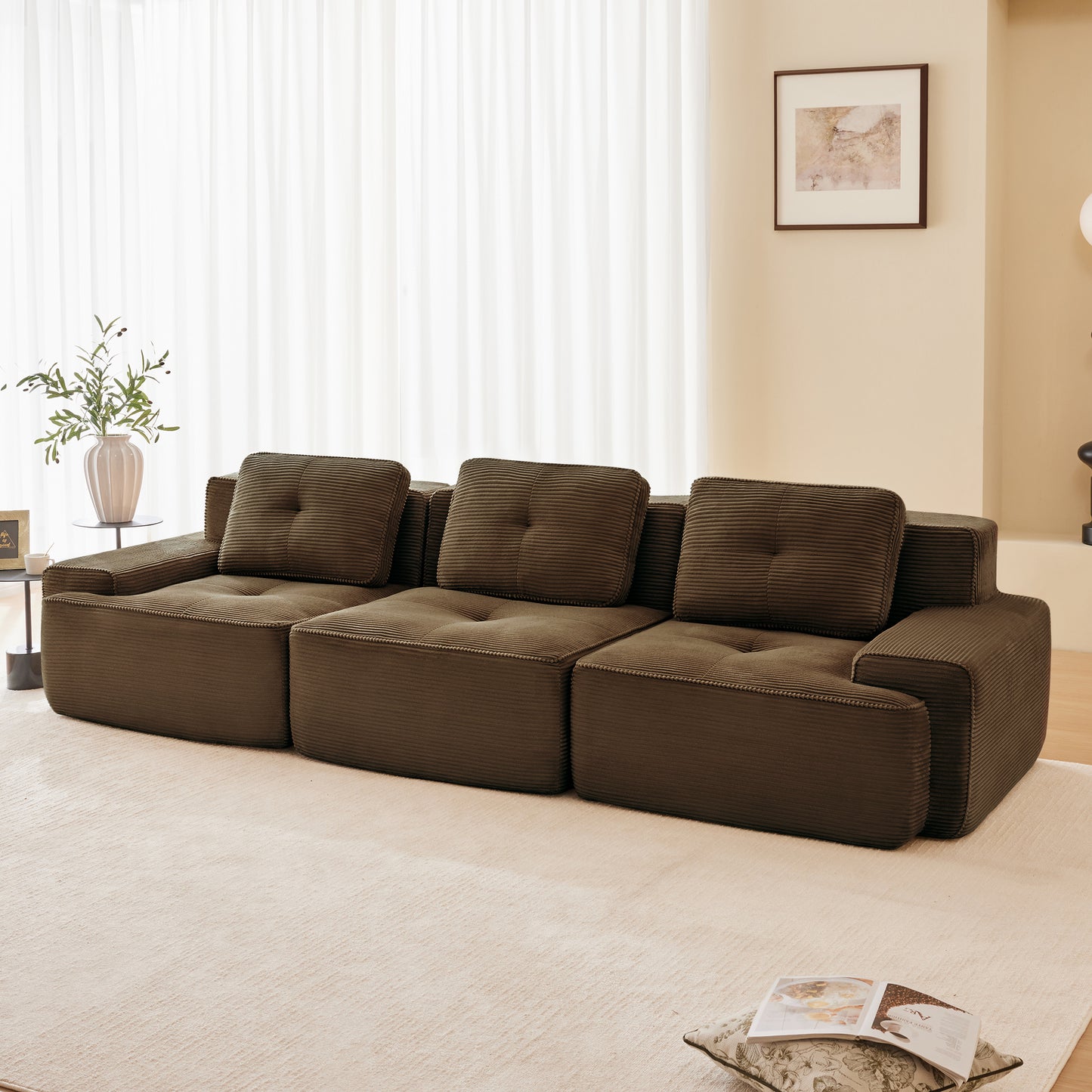 117 Modern Modular Sectional Sofa For Living Room, Corduroy Fabric,Oversized 3-Seater Couch With Deep Seat, Pearl-like Piping, Tufted Design,Buckle Connection,No Assembly,Anti-slip Design,Brown