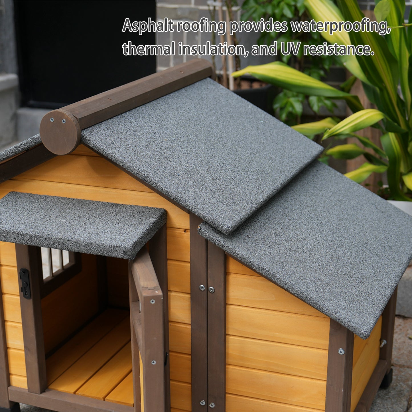 45 Inch Solid Wood Dog House, Cozy Outdoor Shelter For Medium & Small Dogs With Lockable Ventilated Door, Waterproof Insulated Felt Roof & Charming Design