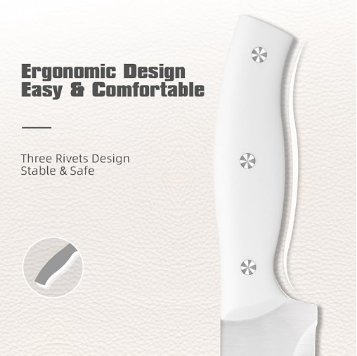 15-Piece White Kitchen Knife Set With Built-in Sharpening Stone, Ergonomic Triple Rivet Fixed Handles, Dishwasher Safe