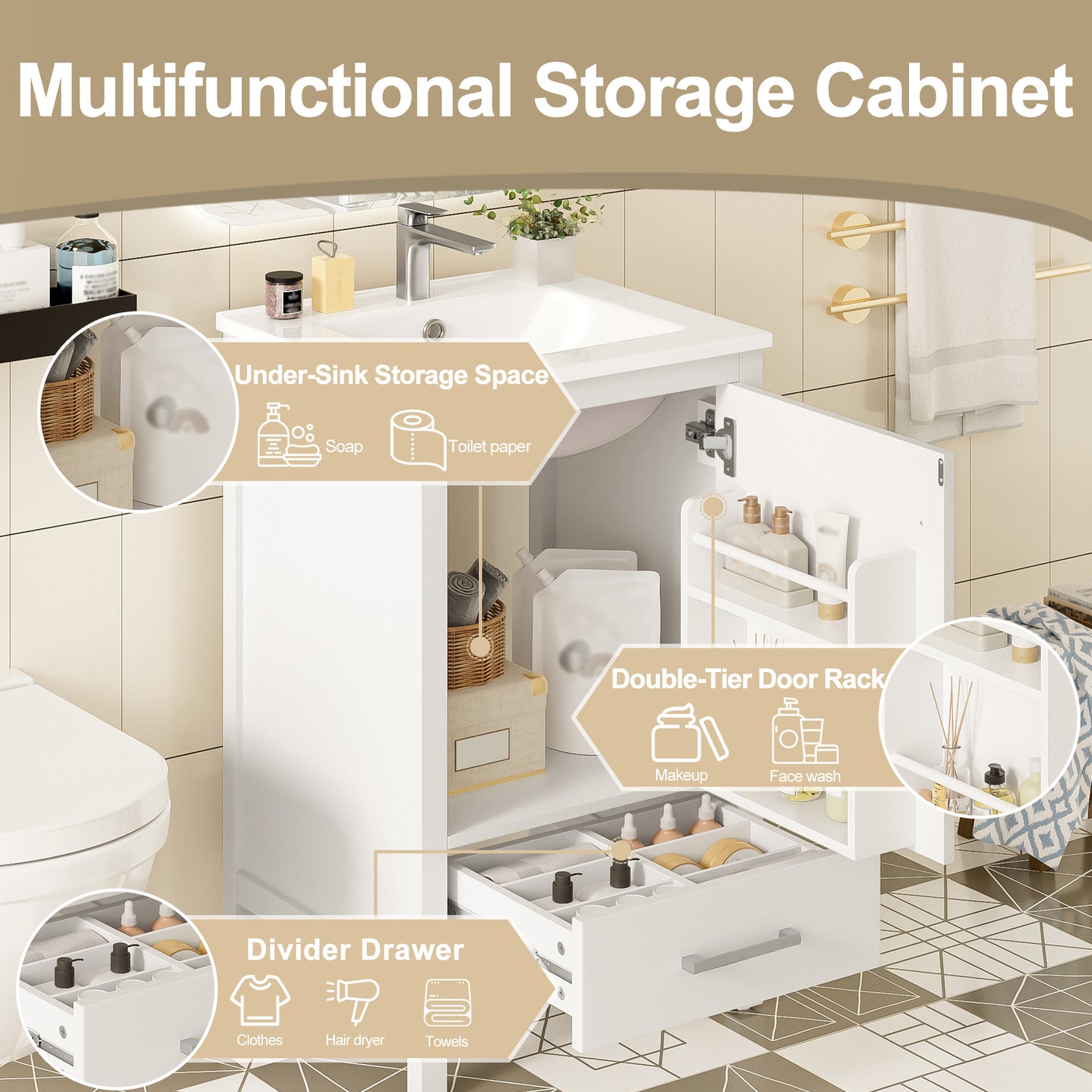 20-Inch Modern Bathroom Vanity With Ceramic Sink, Soft-Close Drawer & Door, Double-Layer Door Organizer, Divider Drawer, Adjustable Foot Pads -Space-Saving Storage Design