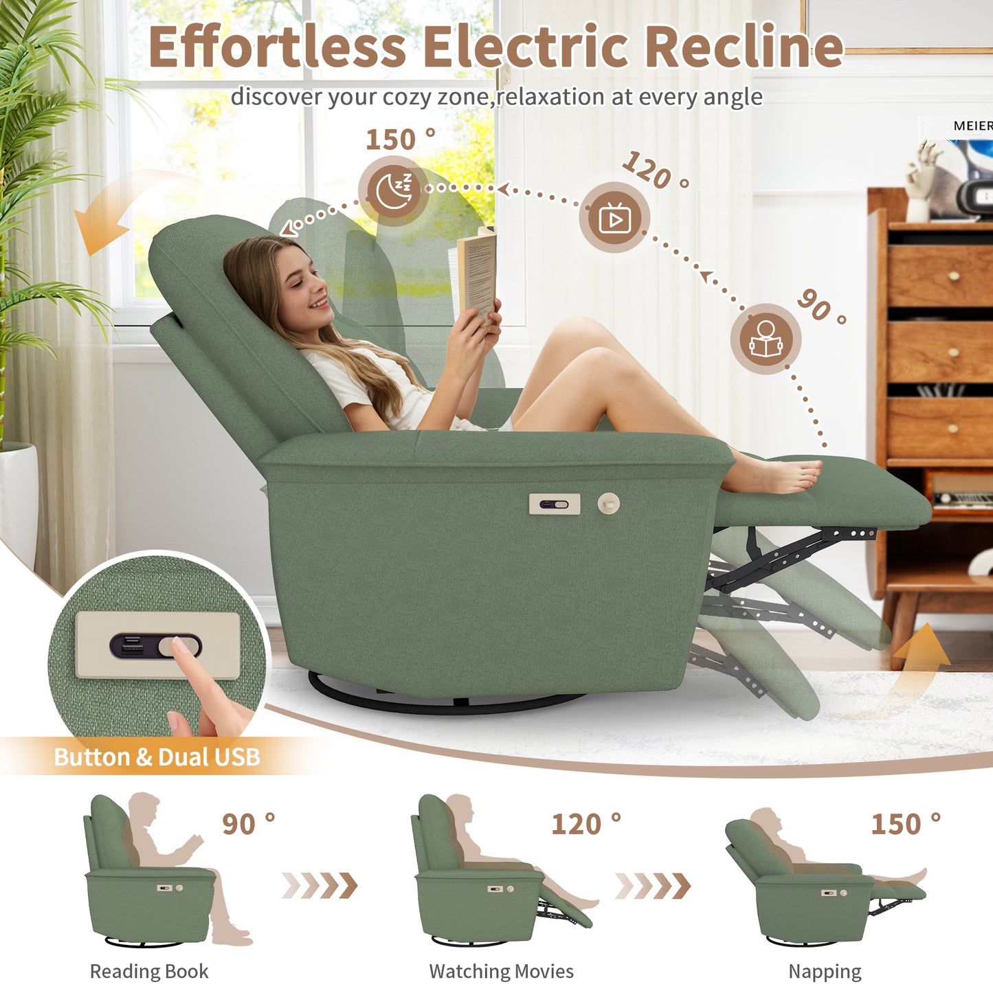 270 Power Swivel Rocker Recliner Chair W Phone Holder, Electric Glider Reclining Sofa With USB Ports, Power Swivel Glider, Rocking Chair Nursery Recliners For Living Room Bedroom Dark Green