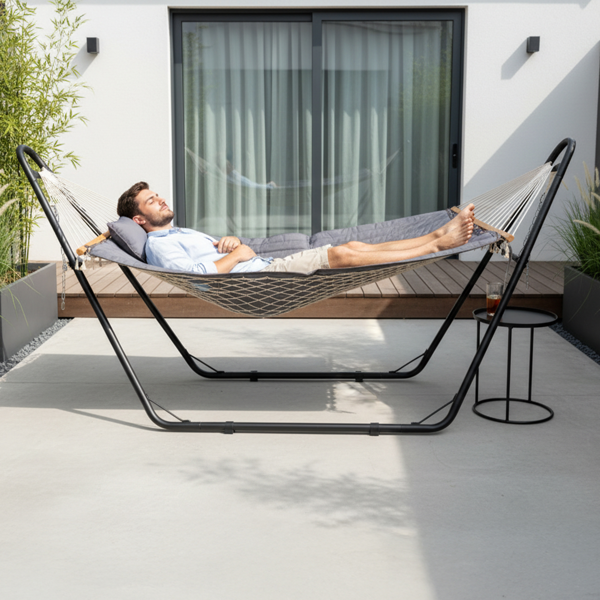Hammock With Stand, Double-Barrel Hammock With Hammock Bed, Heavy Duty Adjustable Hammock Set For Outdoors, Patio, Yard, Garden, Gray
