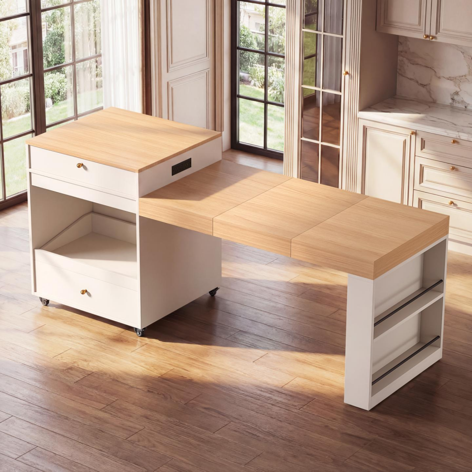78.8inch Rolling Kitchen Island With 3-Stage Extendable Dining Table Seats 6-8, Built-in Power Outlet, Ample Storage Drawers & Cabinets, Mobile On Wheels - High-Density MDF, Easy Assembly