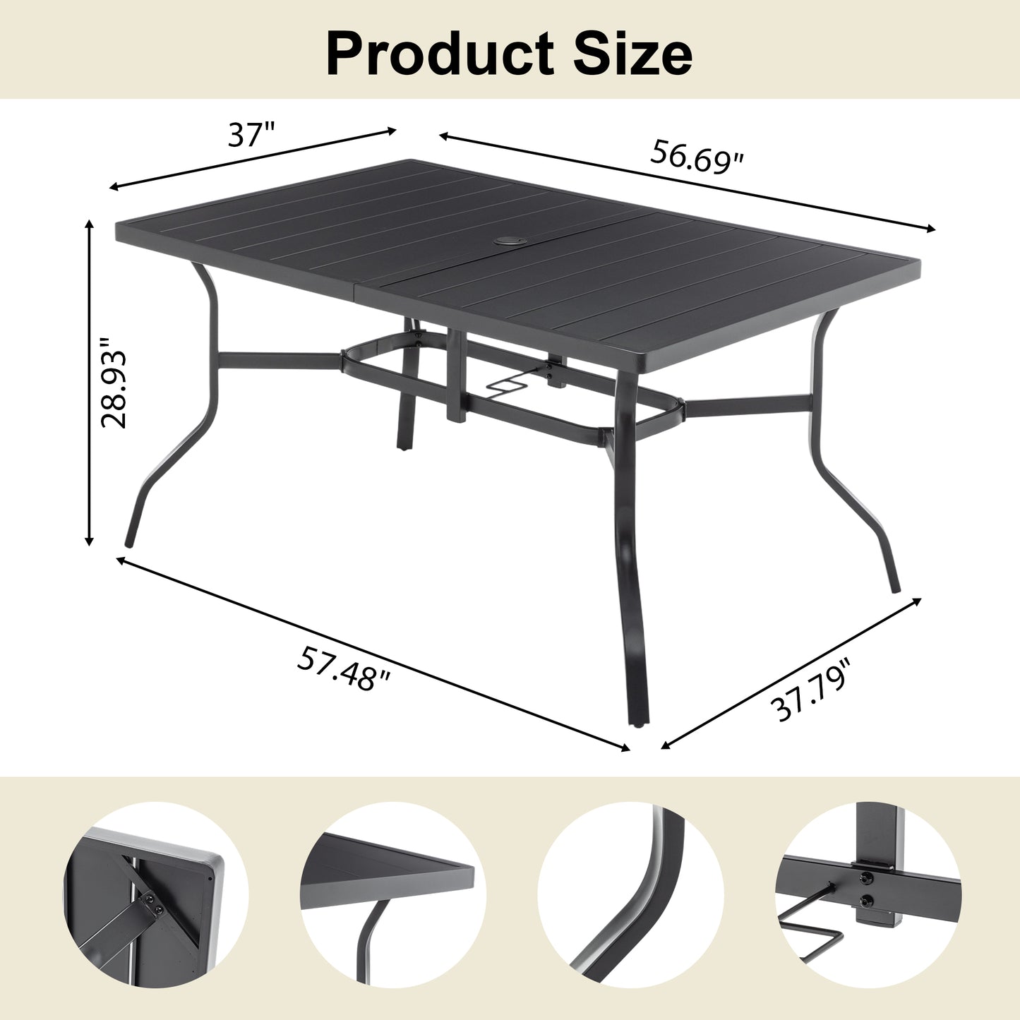 Outdoor Dining Table For 6, Powder-Coated Steel Slat Top With 2.16  Umbrella Hole, Anti-Slip Pads, E-Coating Frame, All-Weather Black Patio Table For Garden, Poolside, Backyard