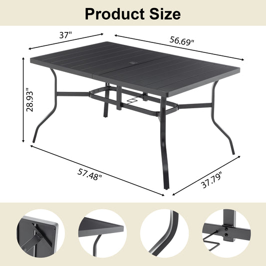 Outdoor Dining Table For 6, Powder-Coated Steel Slat Top With 2.16  Umbrella Hole, Anti-Slip Pads, E-Coating Frame, All-Weather Black Patio Table For Garden, Poolside, Backyard